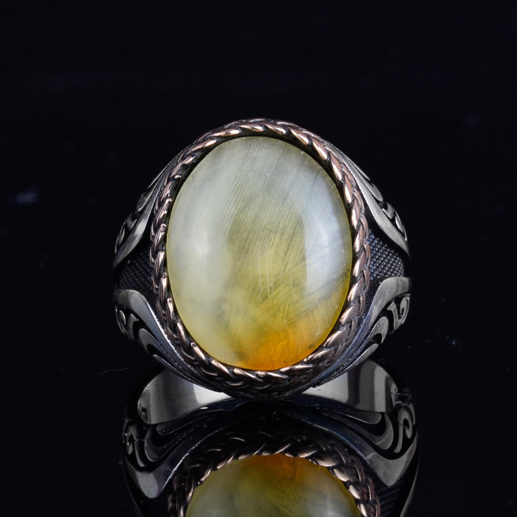 KAMBO Men's Natural Baltic Amber Stone Ring – 925 Sterling Silver Handmade Statement Ring – Authentic Amber Jewelry with Ottoman Style Details (Style-6) — 4
