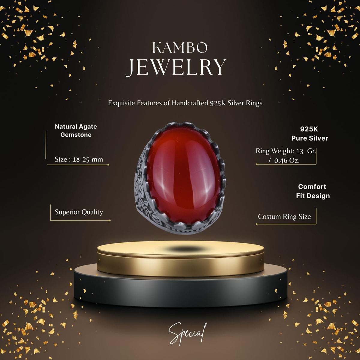 Natural Stone Ring - Rose Pattern - 925 Sterling Silver - Handmade Ring (Red Agate) — 2