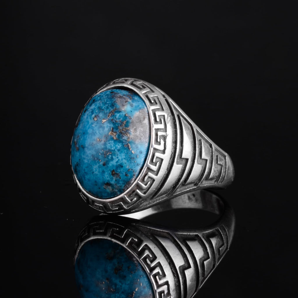 KAMBO Men's Natural Turquoise Stone Ring – 925 Sterling Silver Ring with Maze Side Designs – Handmade Minimalist Descriptive Jewelry (Style-4) — 5