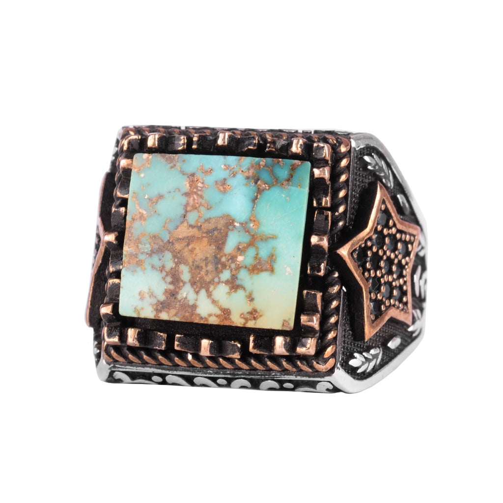 KAMBO Natural Stone Men's Ring – 925 Sterling Silver Star Motif Square Cut Ring (Turquoise)
