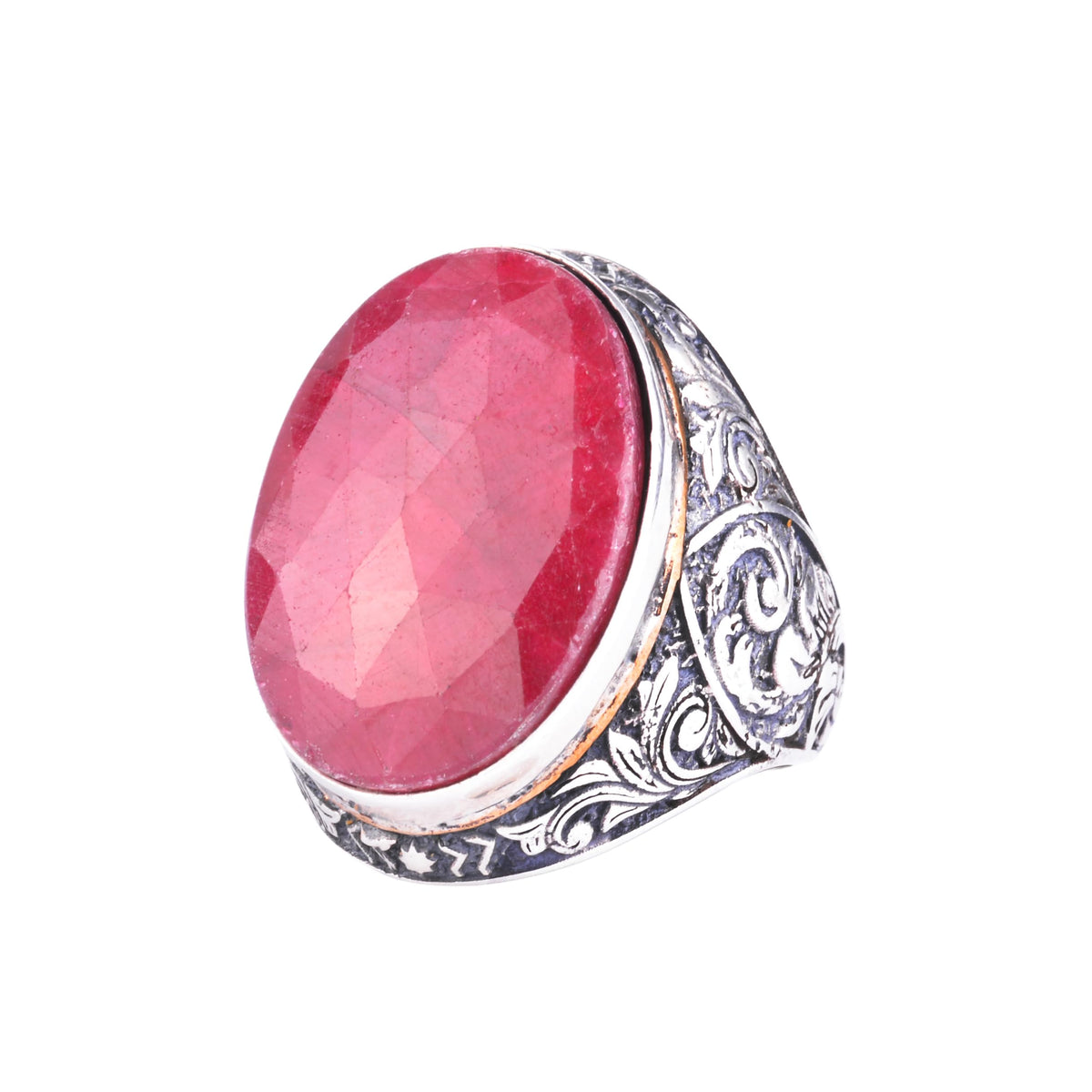 KAMBO Natural Ruby Stone Large Ring for Men - Faceted Oval Vintage Engraved Statement Ring - 925 Sterling Silver Handmade Men's Jewelry