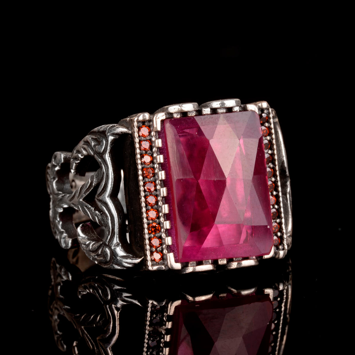925 Sterling Silver Men's Ring - Synthetic Ruby Stone - Luxurious and Elegant Red Gemstone Ring — 5