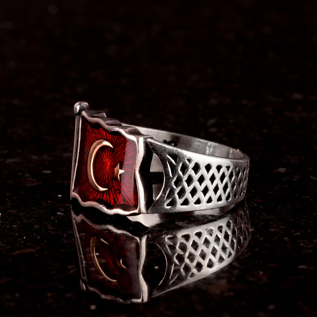 Crescent Star Flag Silver Men's Ring, Turkish Flag Motif Ring, 925 Sterling Silver Men's Ring — 5