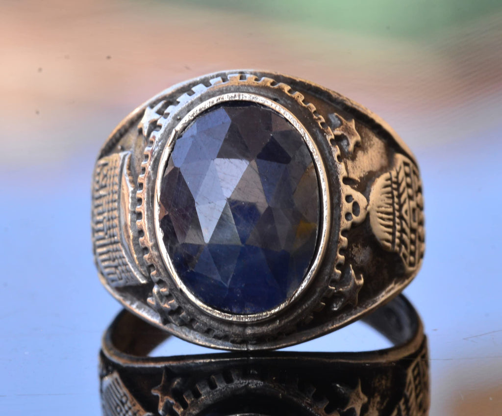 KAMBO Handmade 925 Sterling Silver Men's Ring with Genuine Natural Sapphire Gemstone, Minimalist Islamic Mosque Design, 