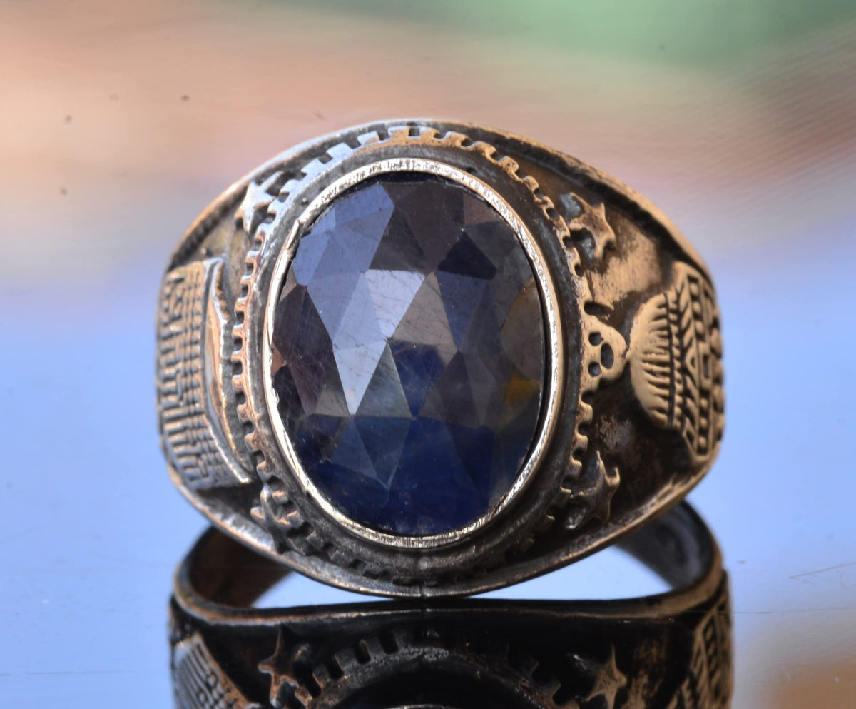 KAMBO Handmade 925 Sterling Silver Men's Ring with Genuine Natural Sapphire Gemstone, Minimalist Islamic Mosque Design, 