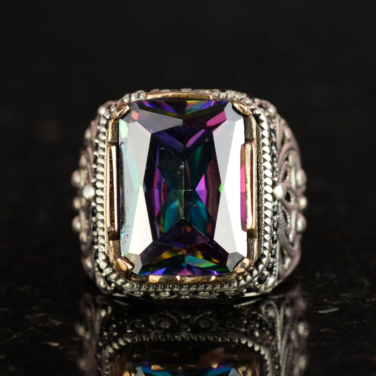 KAMBO Handmade 925 Sterling Silver Men’s Ring with Created Mystic Topaz Stone, Modern Statement Design, Vintage Style, C