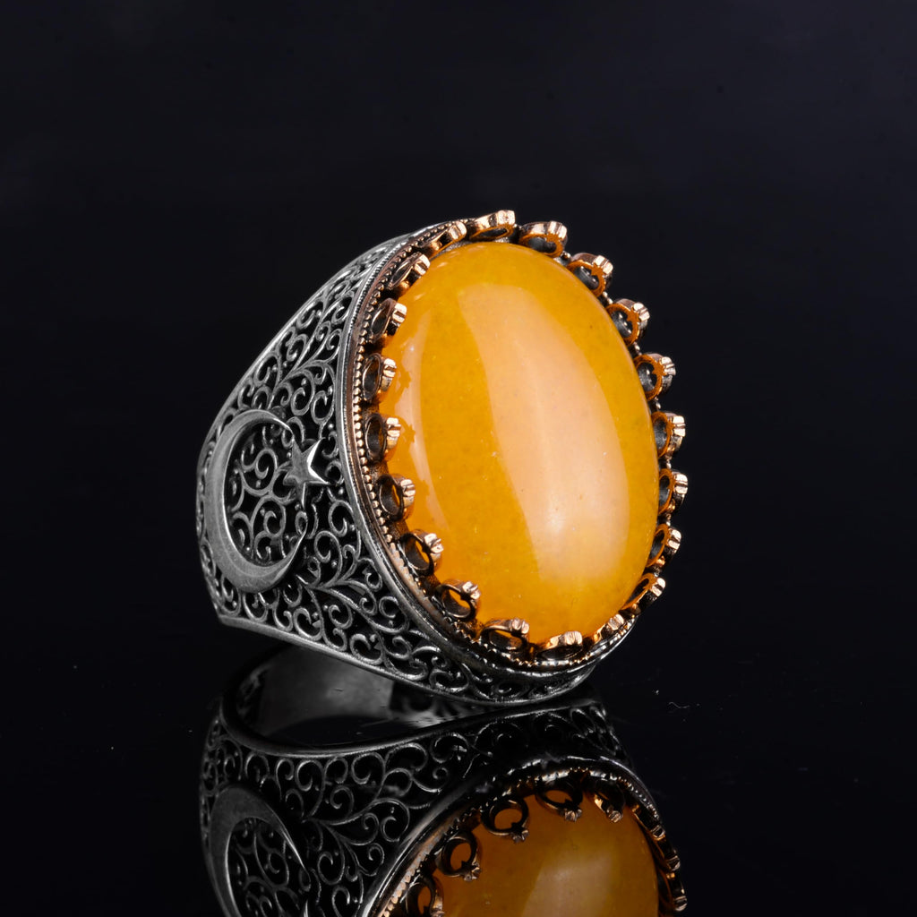 KAMBO 925 Sterling Silver Natural Stone Men's Ring - Moon and Star Design - Handmade Vintage Jewelry (Yellow Agate) — 6