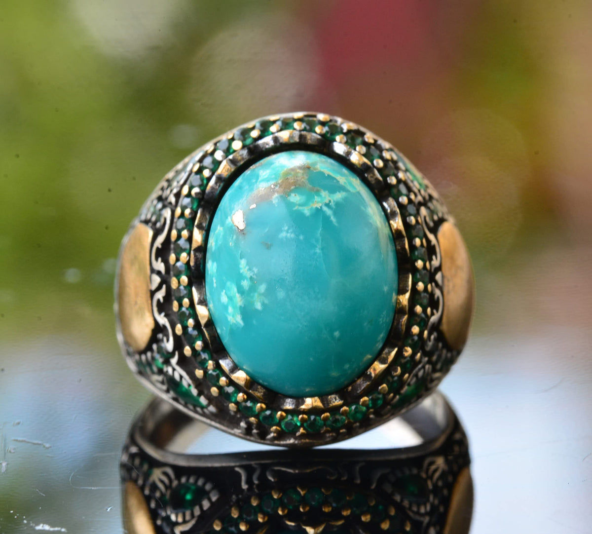 Natural Arizona Turquoise Stone Ring - Minimalist Men's Ring - 925 Sterling Silver — 3