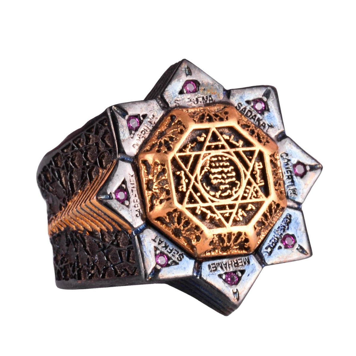 925 Sterling Silver Men's Ring - Red Zircon Stone, Star of David and Seal of Solomon Design