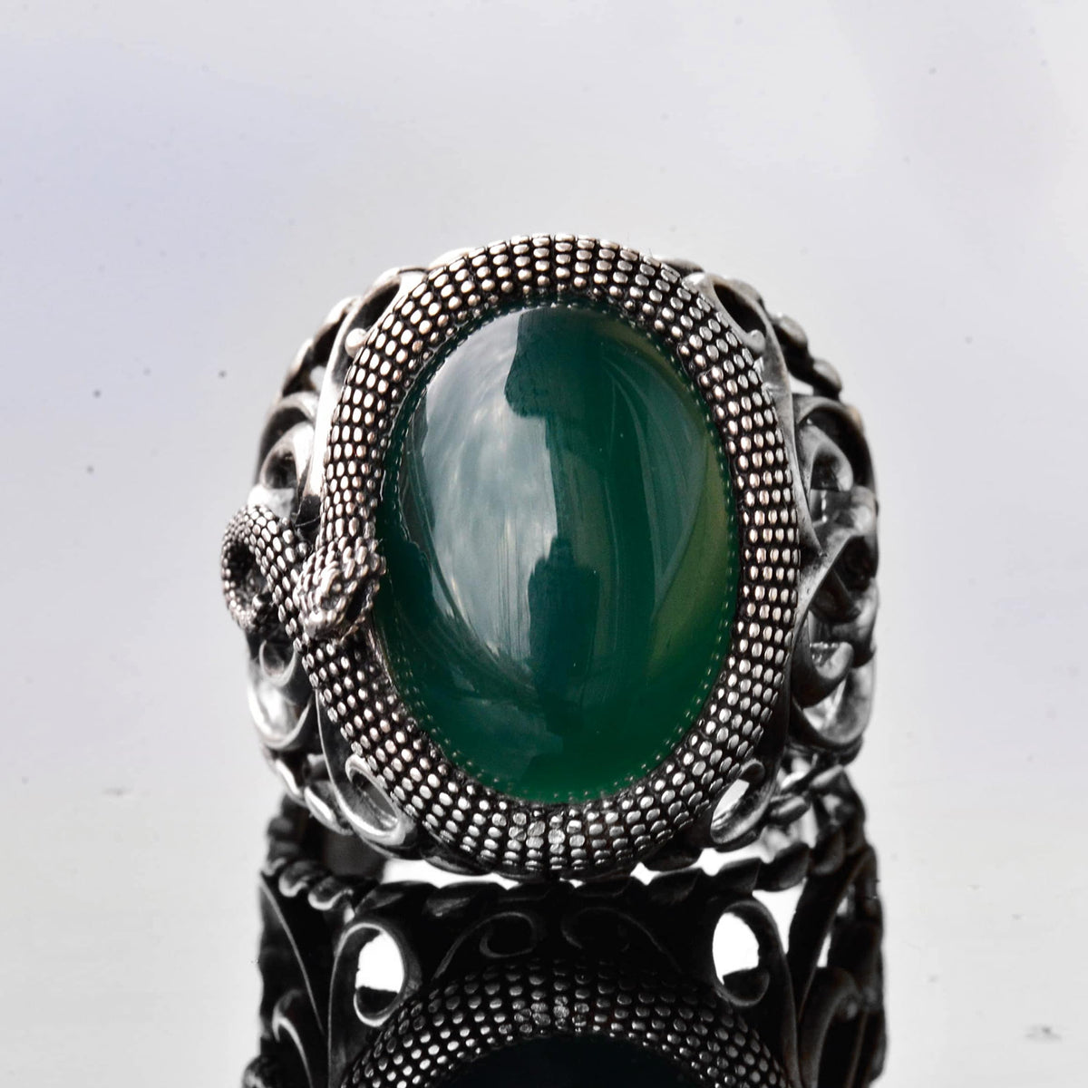 Handcrafted Snake Design Ring, Natural Jade Stone Silver Men's Ring - Symbol of Wisdom and Protection — 3