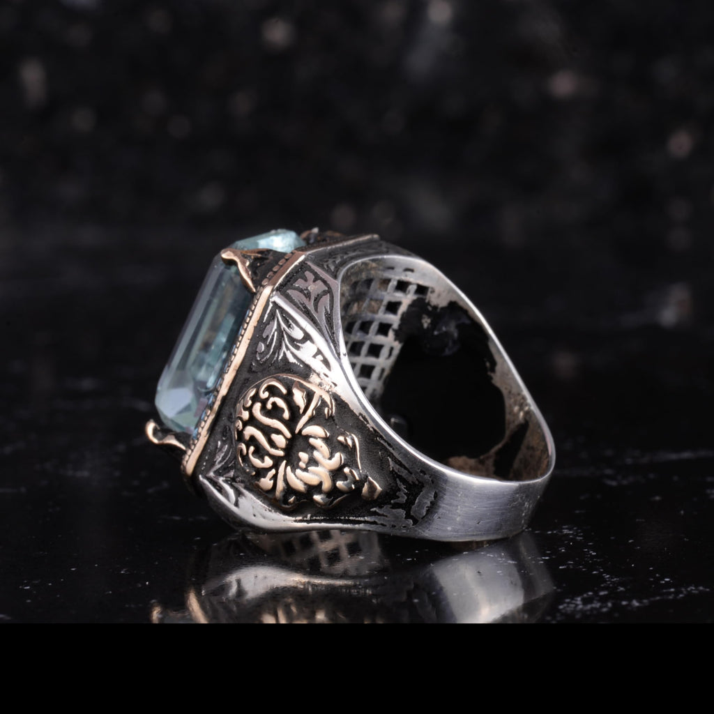KAMBO Certified Aquamarine Stone Men's Ring - 925 Sterling Silver Ottoman Style Statement Ring - Handmade Blue Stone Islamic Jewelry — 6