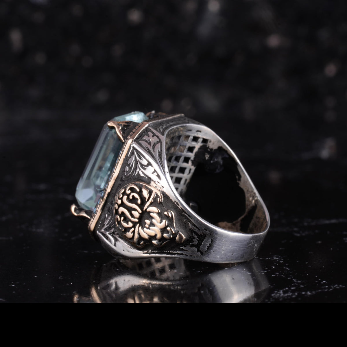 KAMBO Certified Aquamarine Stone Men's Ring - 925 Sterling Silver Ottoman Style Statement Ring - Handmade Blue Stone Islamic Jewelry — 6