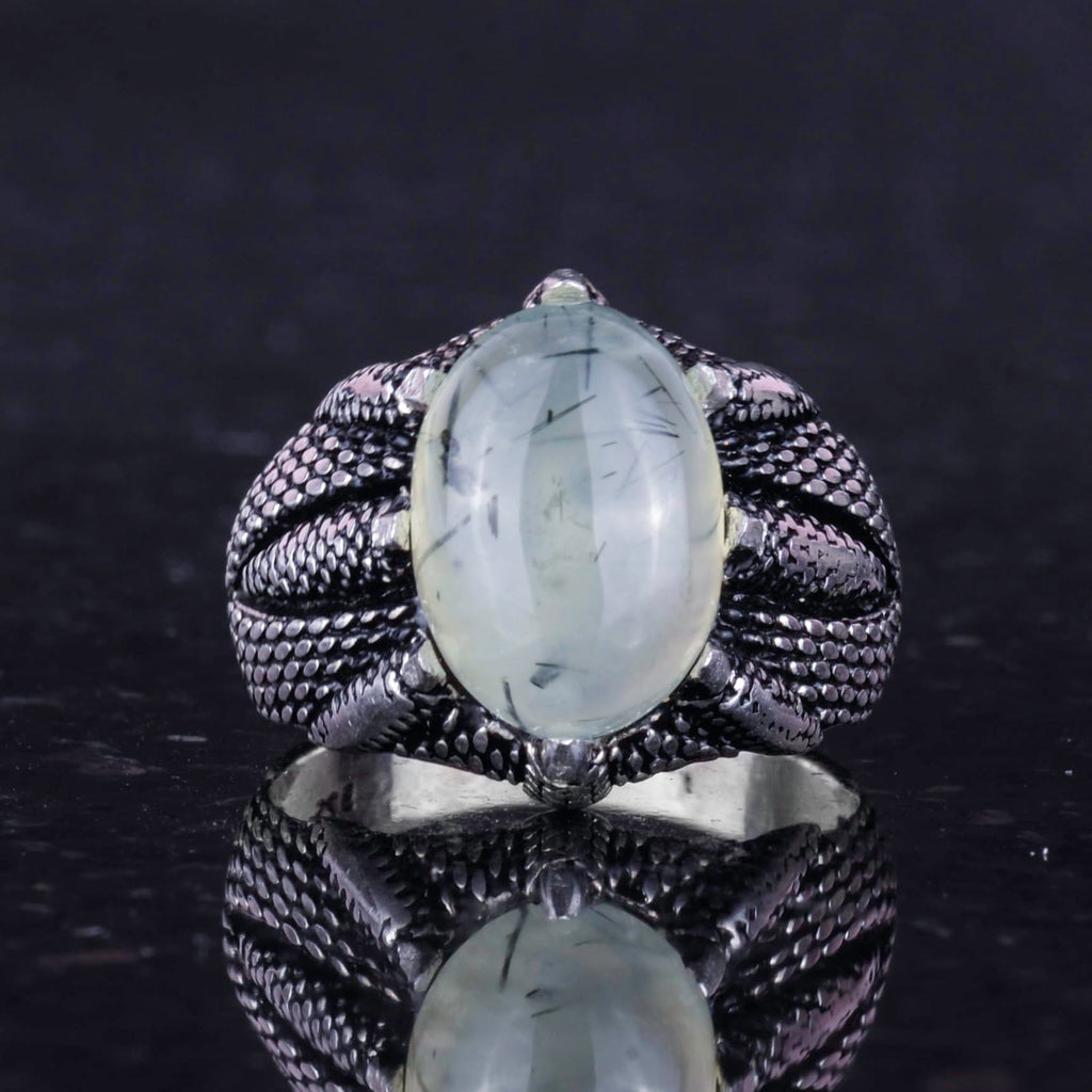 Silver Claw Ring with Natural Prehnite Jade — 4