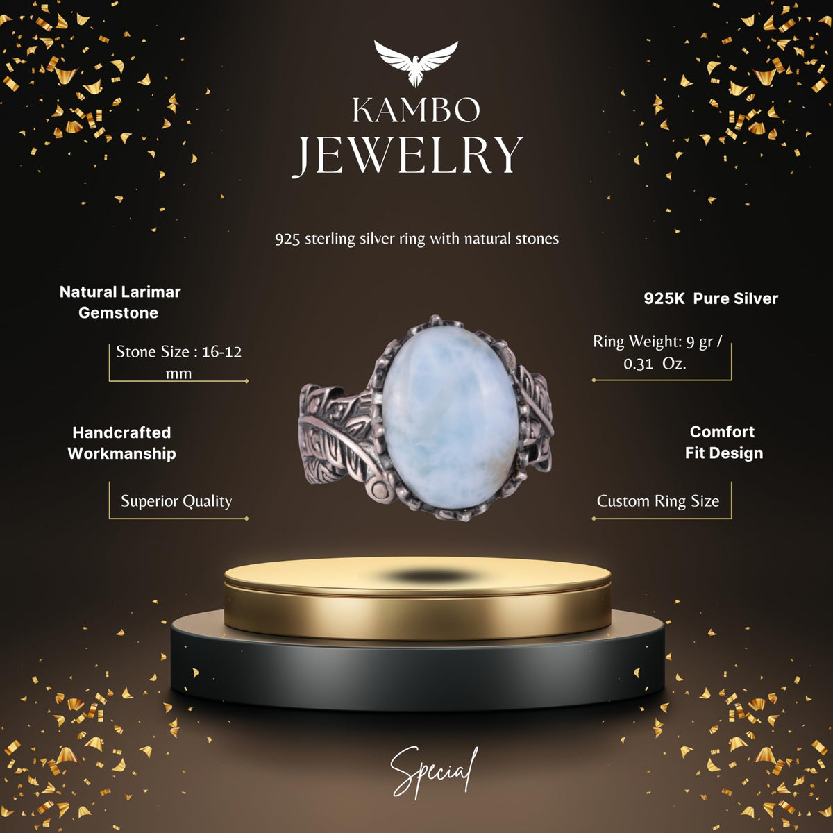 Silver Women's Ring with Natural Larimar Stone — 2
