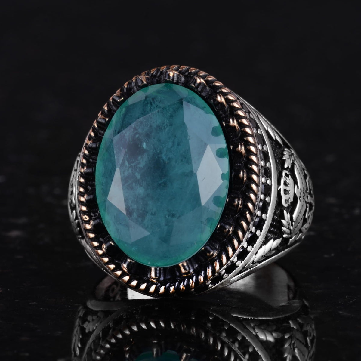 925 Sterling Silver Ring, Artificial Stone Ring, Eagle Symbol Ring, Handcrafted Ring (Artificial Green Paraiba) — 6