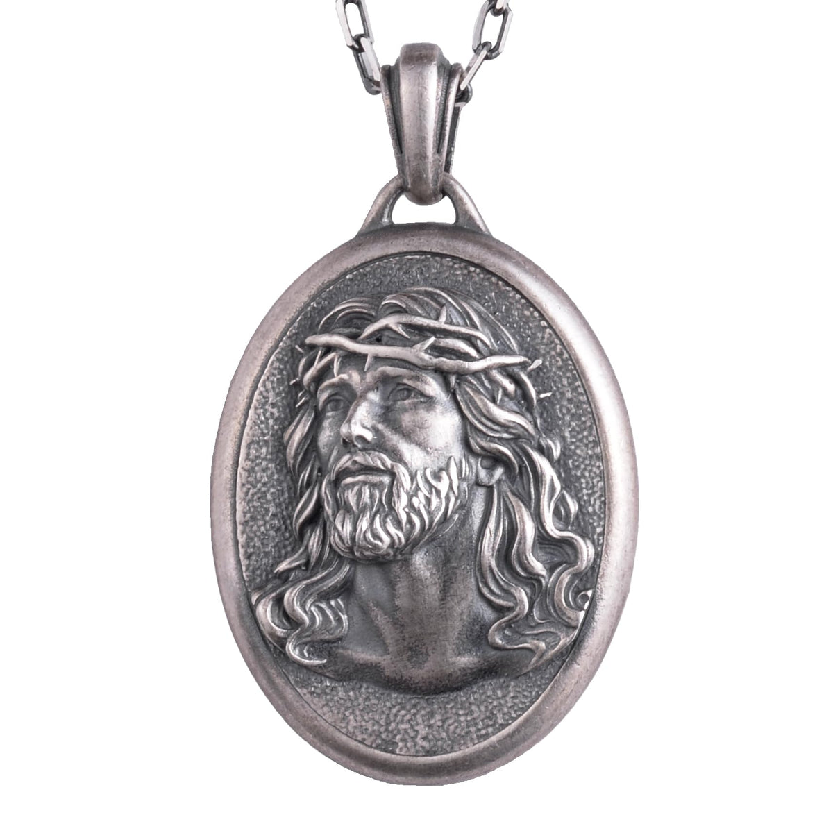 KAMBO 925 Sterling Silver Jesus Christ Necklace for Men - Crown of Thorns Religious Oval Medal - Chain Christian Gift (Silver)