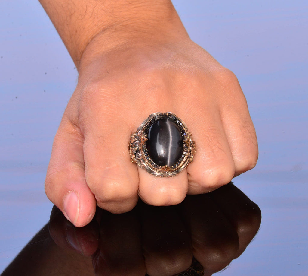 Handmade Synthetic Stone Ring - 925 Sterling Silver Men's Jewelry (Black Cat's Eye) — 6