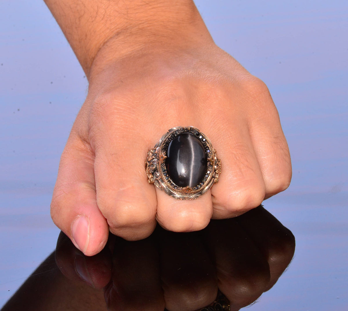 Handmade Synthetic Stone Ring - 925 Sterling Silver Men's Jewelry (Black Cat's Eye) — 6