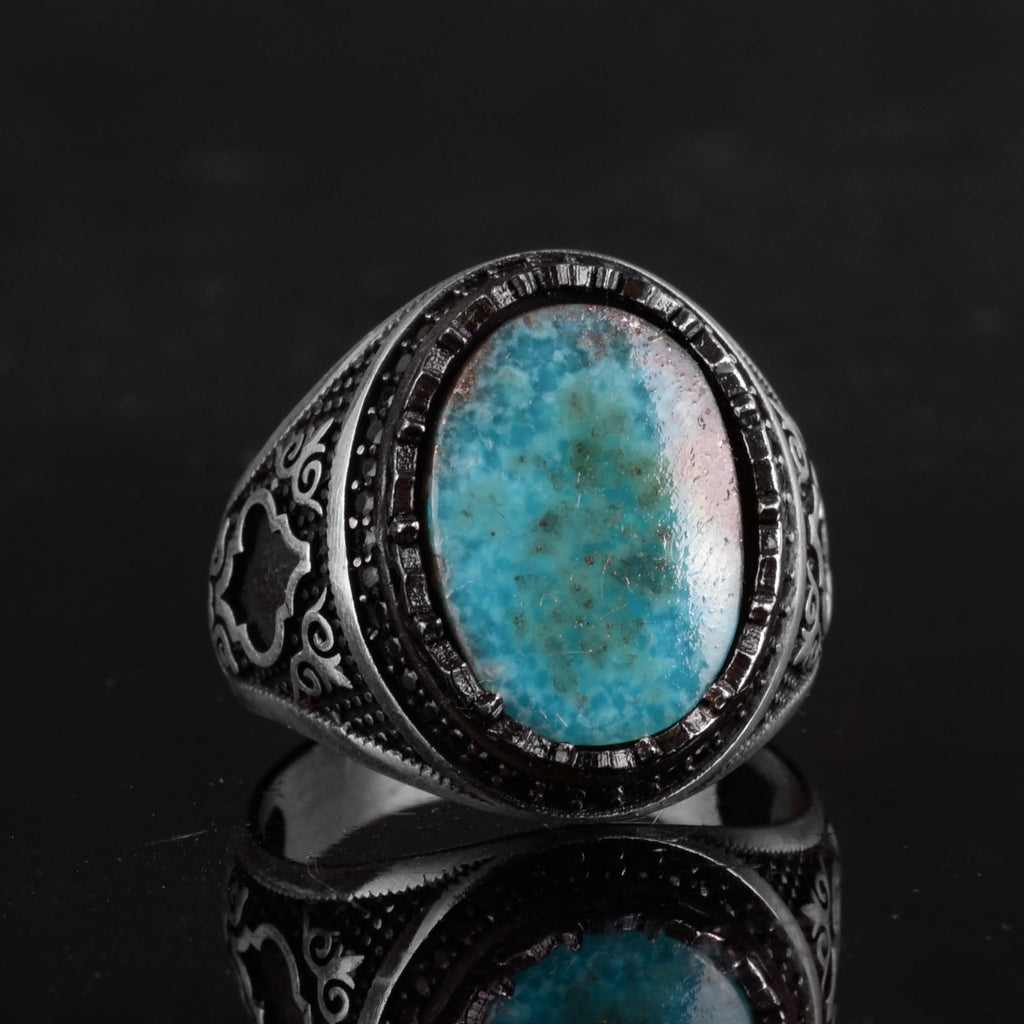 KAMBO Natural Turquoise Stone 925 Sterling Silver Men's Ring - Seljuk Figure Pattern Vintage Statement Jewelry (Style-3) — 5