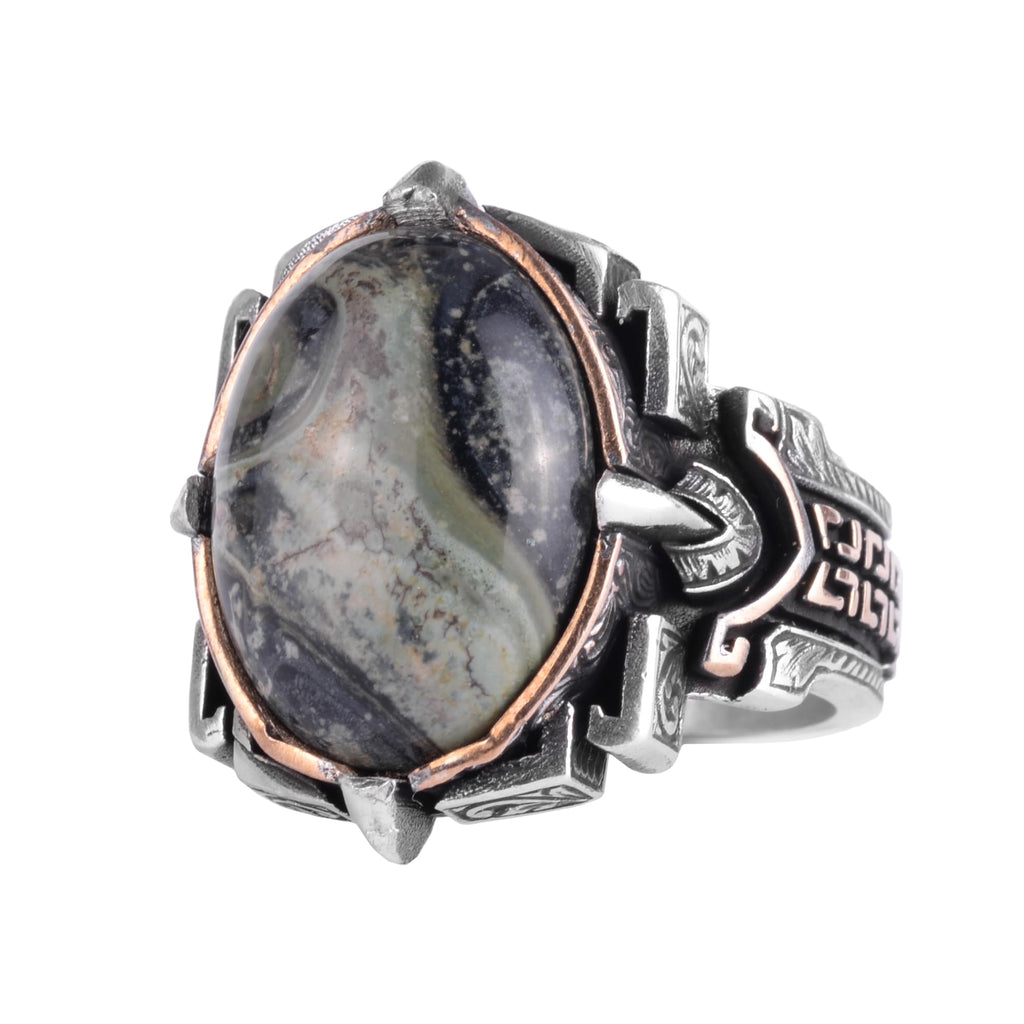 KAMBO Natural Stone Ring 925 Sterling Silver – Handmade Men's Statement Ring Healing Jewelry (Green Eye)