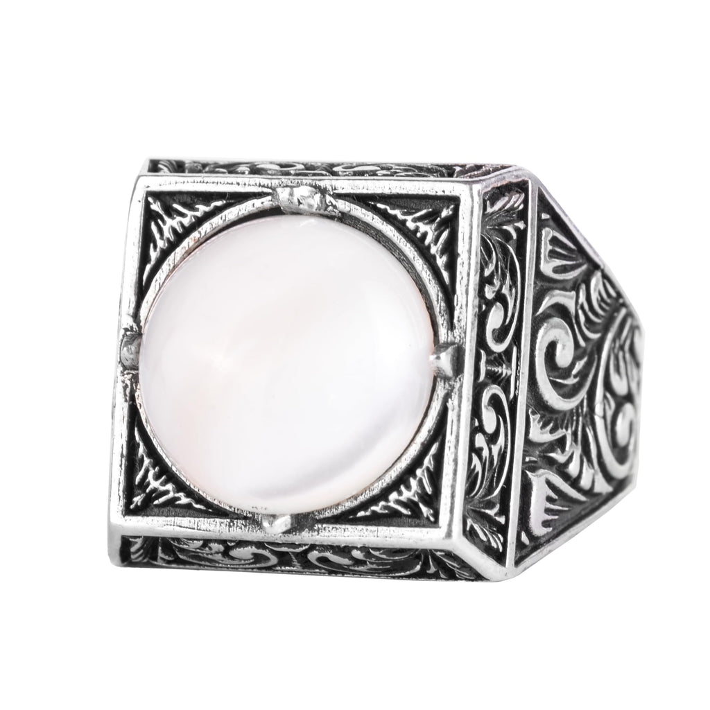 KAMBO Natural Round Stone Square Men's Ring 925 Sterling Silver – Ottoman Pattern Handmade Stone Ring (Pearl-1)