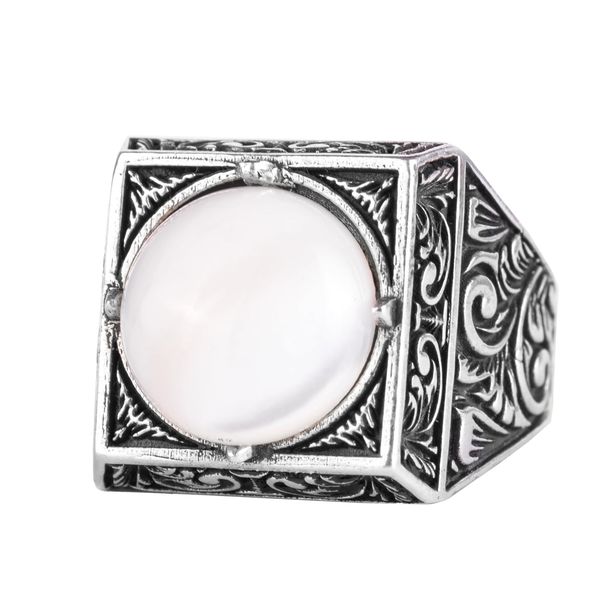 KAMBO Natural Round Stone Square Men's Ring 925 Sterling Silver – Ottoman Pattern Handmade Stone Ring (Pearl-1)