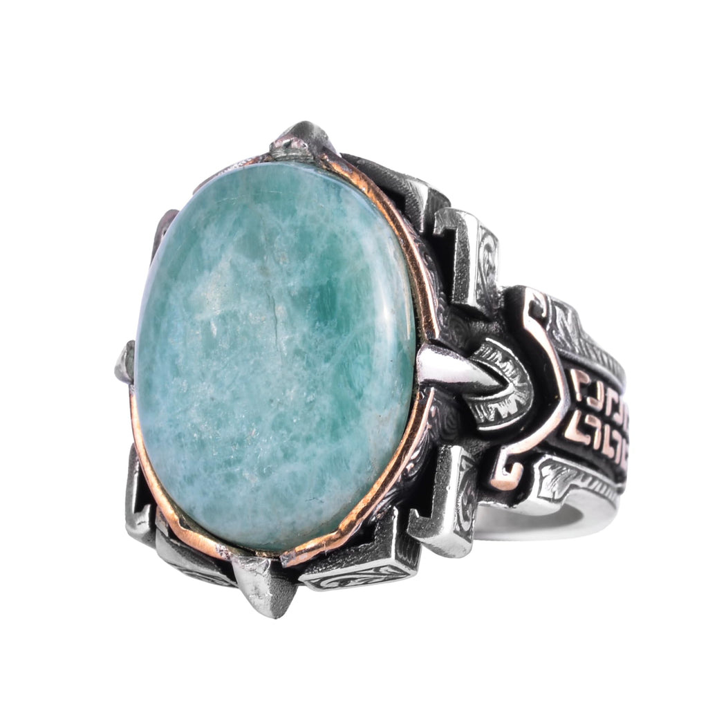 KAMBO Natural Stone Ring 925 Sterling Silver – Handmade Men's Statement Ring Healing Jewelry (Amazonite)