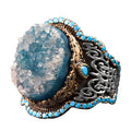 Handmade 925 Sterling Silver Men's Ring with Natural Stone - Cultural Design (Blue Drusy Crystal)