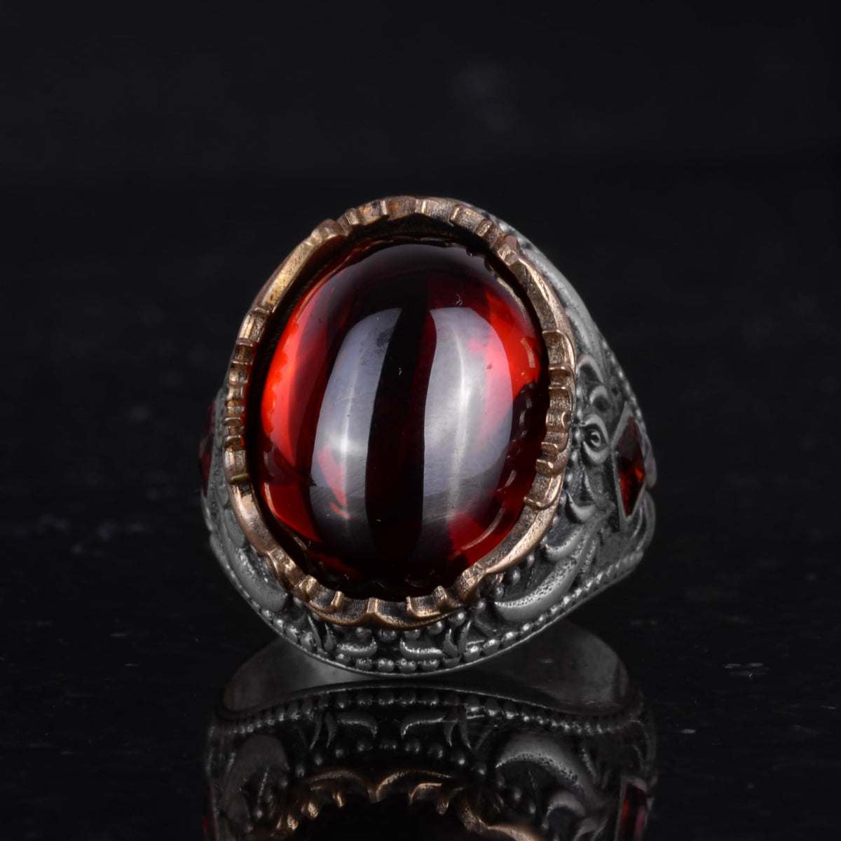 Synthetic Stone Ring - Handmade Men's Ring - Stylish 925 Sterling Silver Men's Jewelry (Cabochon Garnet) — 5