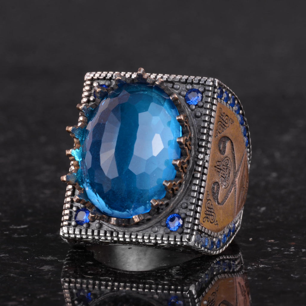 925 Sterling Silver Islamic Ring, Synthetic Stone Ring, Handmade Calligraphy Ring (Synthetic Blue Topaz) — 6