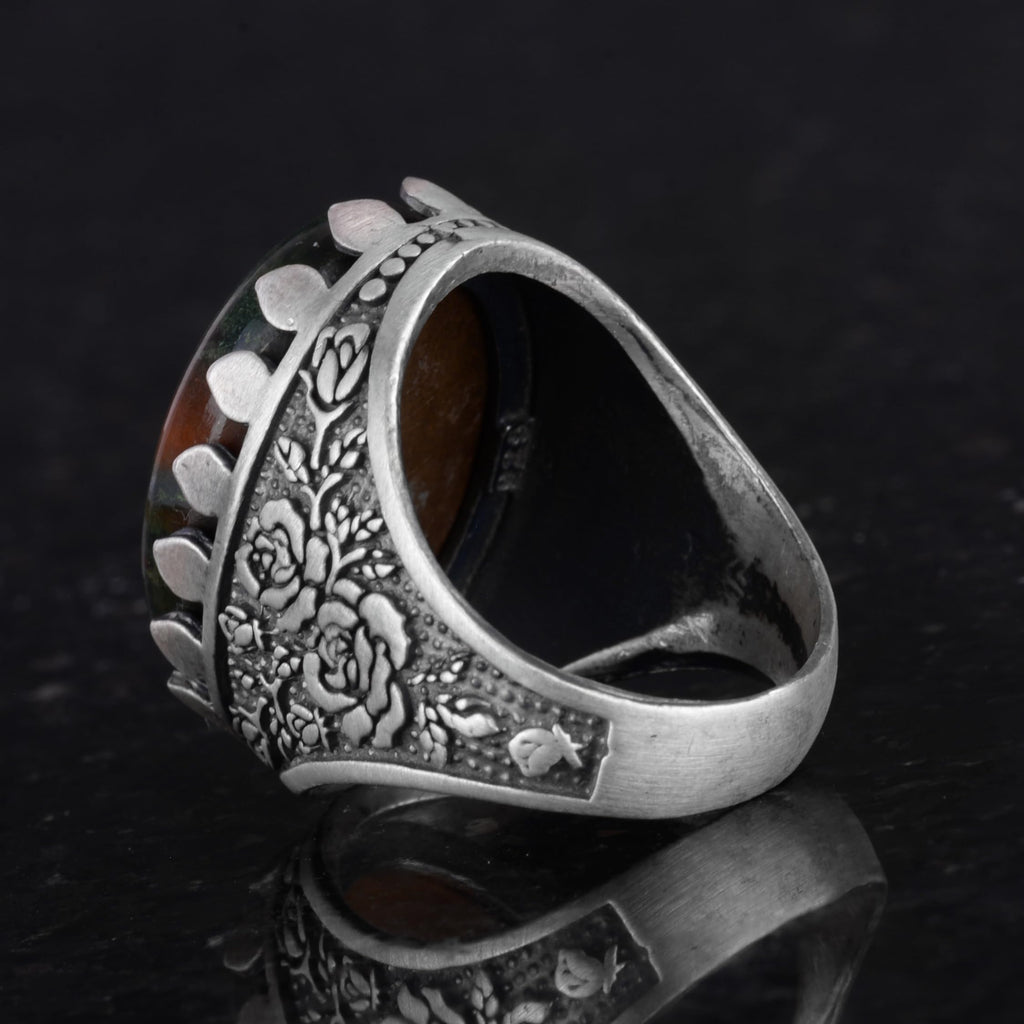 Natural Green Bloodstone Ring - Rose Pattern 925 Sterling Silver Ring — 7