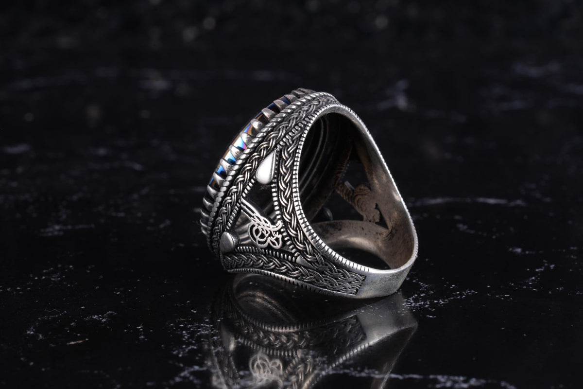 KAMBO Men's Natural Hematite Stone Ring – 925 Sterling Silver Mashallah Arabic Calligraphy Ring – Islamic Statement Ring — 8