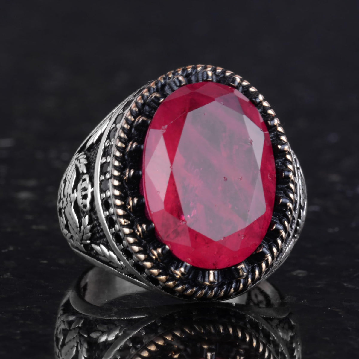 Kambo Eagle Symbol 925 Sterling Silver Men's Ring – Synthetic Red Paraiba Stone, Handcrafted — 6