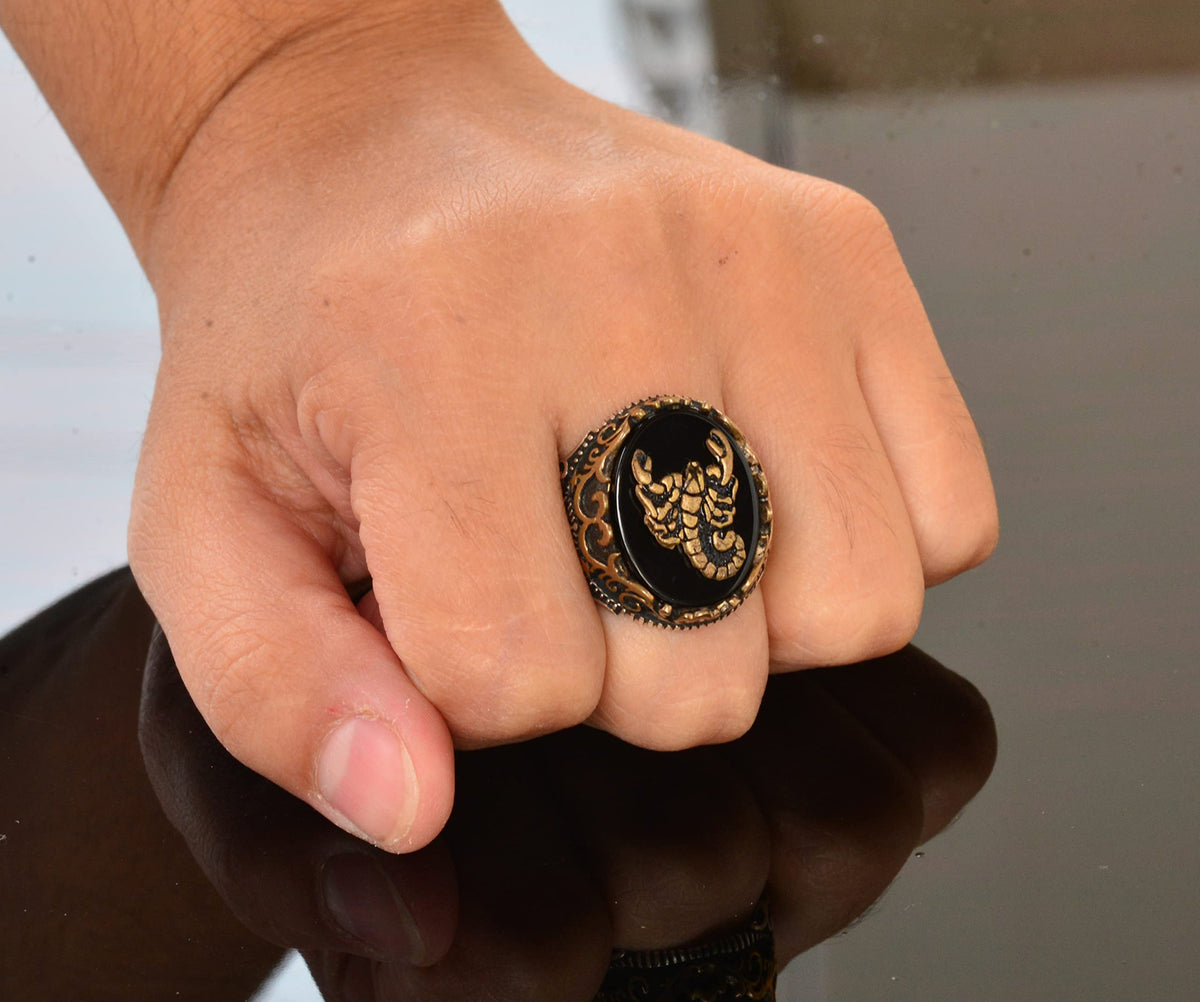 Natural Obsidian Stone Ring - 925 Sterling Silver Ring - Stamp Ring (Scorpion) — 7