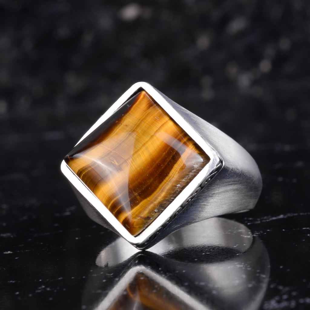 KAMBO Natural Stone Men's Ring 925 Sterling Silver – Square Cut Stone Handmade Minimalist Statement Ring (Tiger's Eye) — 5