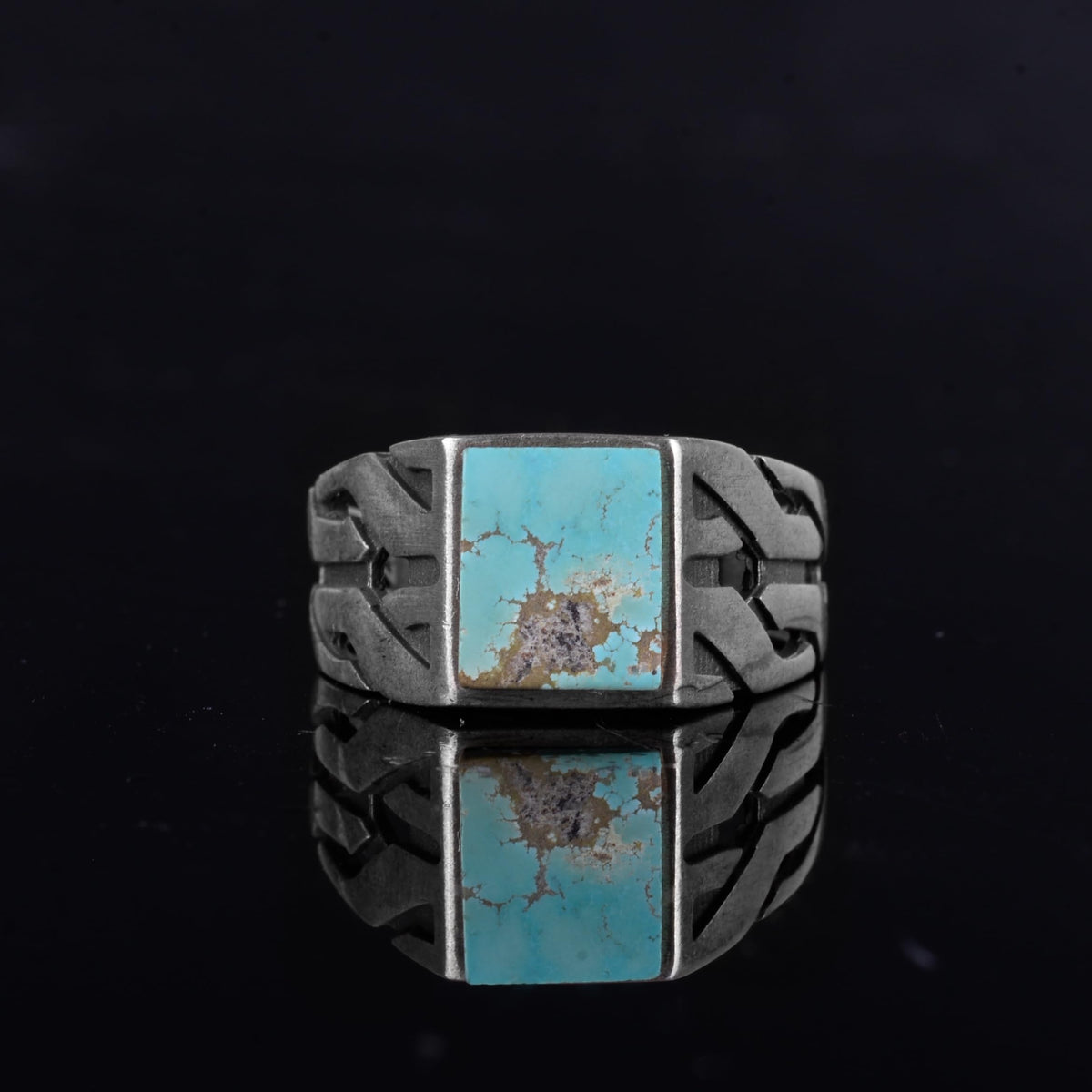 KAMBO Natural Square Turquoise Stone 925 Sterling Silver Men's Ring – Geometric Side Design (Model-2) — 3