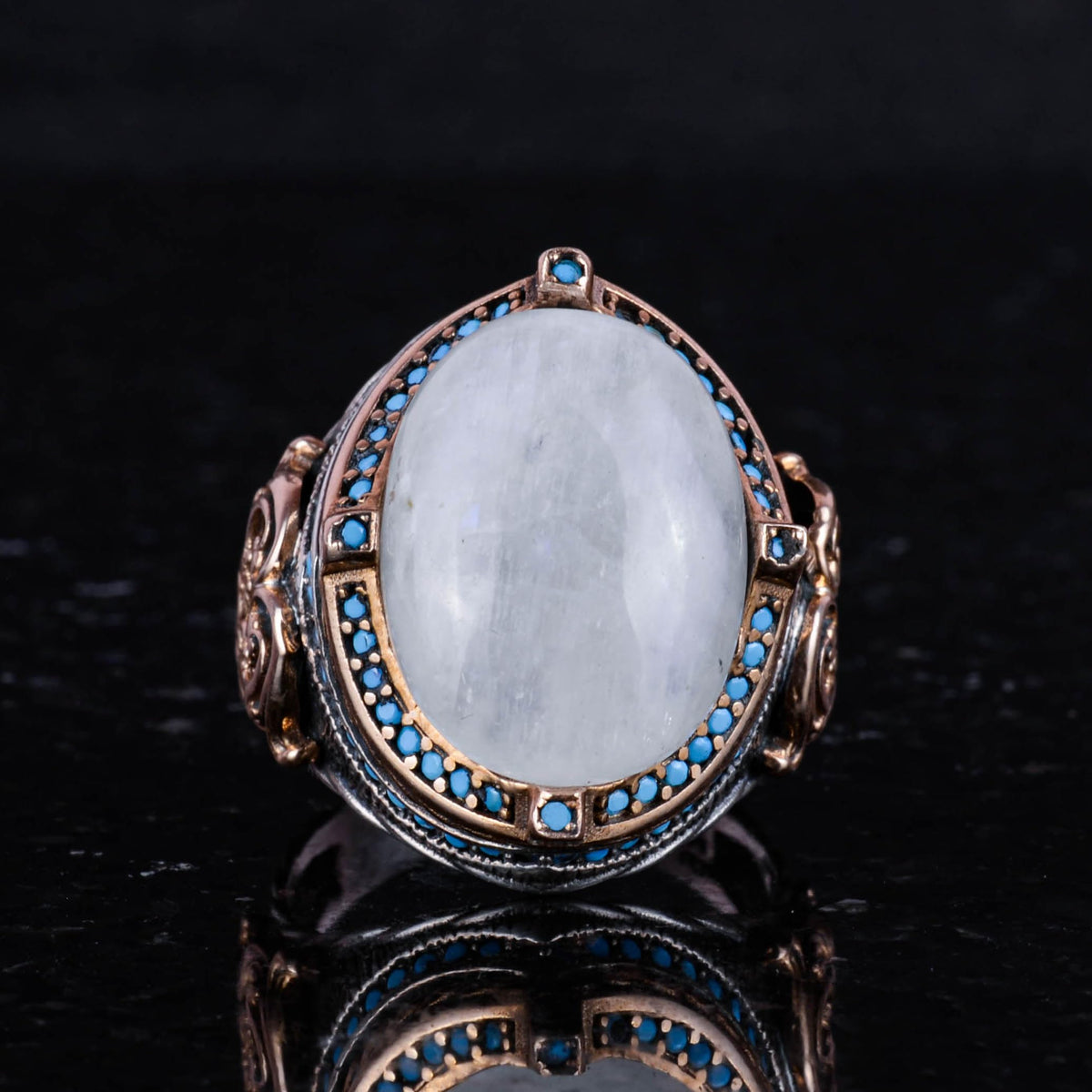 925 Sterling Silver Ring with Natural Moonstone, Handmade Men's Ring, Vintage Design — 4