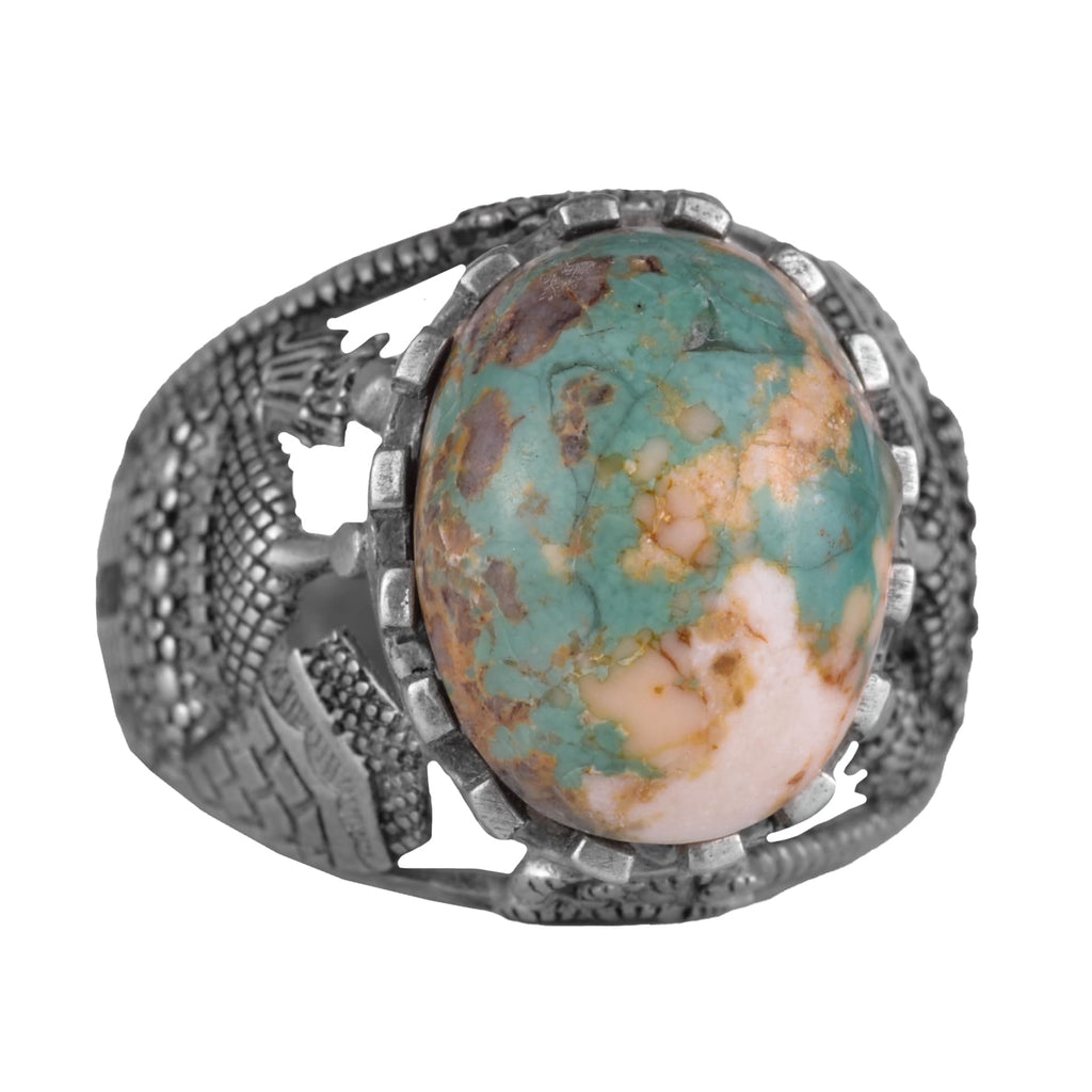 Natural Arizona Turquoise Stone Ring, Islamic Detailed Ring, 925 Sterling Silver Ring