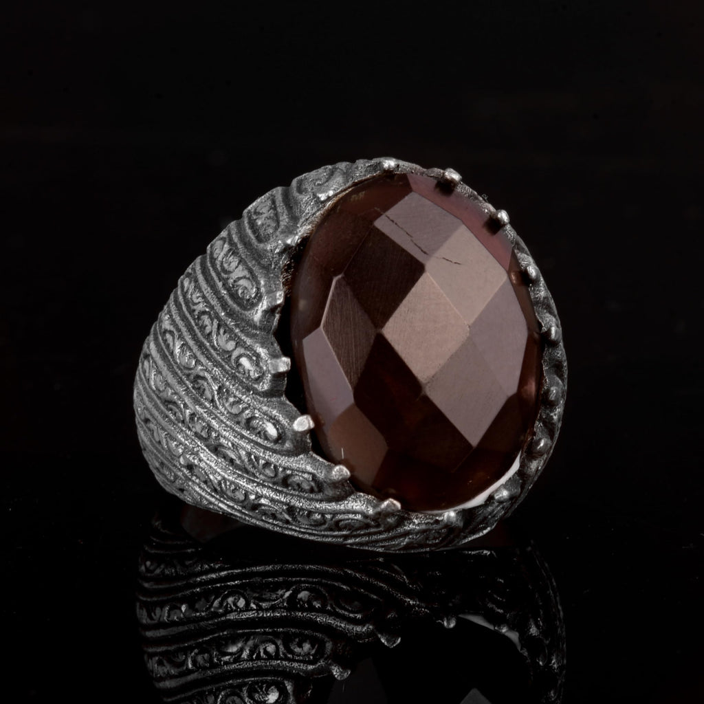 KAMBO Handmade 925 Sterling Silver Smoky Quartz Ring for Men, Genuine Natural Gemstone Statement Ring, Vintage Style Bir