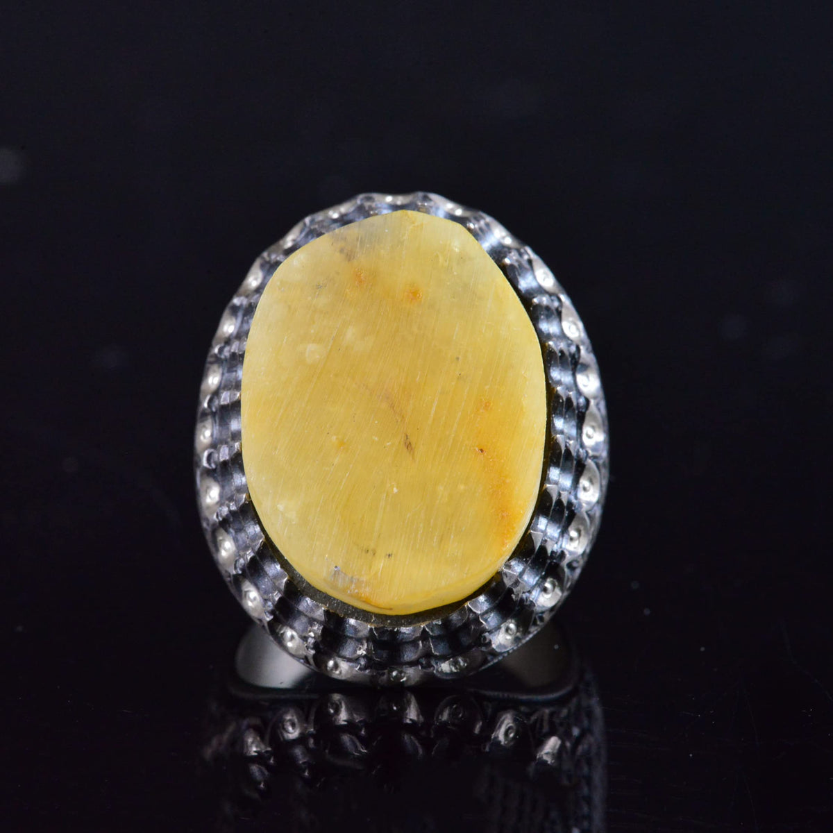 KAMBO Handmade Vintage Raw Amber Gemstone Men's Statement Ring, 925 Sterling Silver Bold Design, Unique Birthday Gift fo