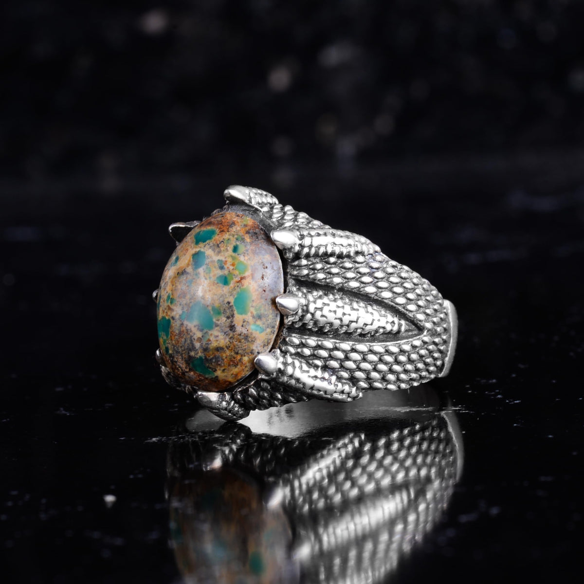 KAMBO Natural Turquoise Men's Ring 925 Sterling Silver – Oval Stone Claw Statement Men's Ring (Turquoise-4) — 5