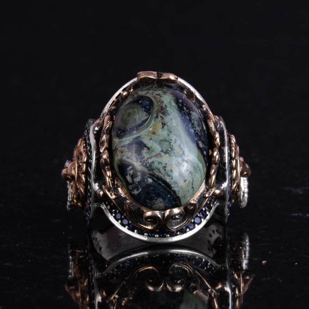 Handmade Green Eye Natural Stone Ring - Lion Silver Head Design — 4
