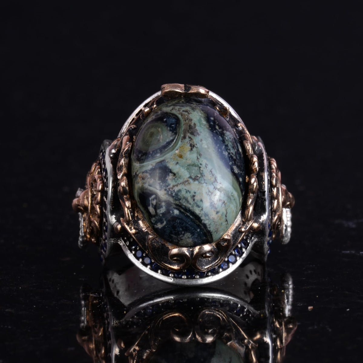 Handmade Green Eye Natural Stone Ring - Lion Silver Head Design — 4