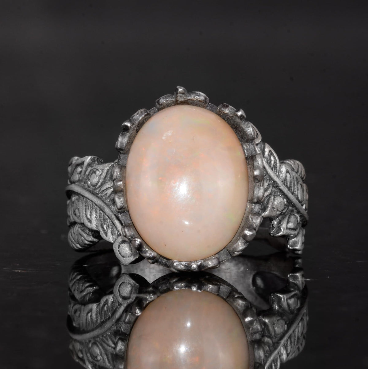 Handmade 925 Sterling Silver Men's Ring Natural Opal Stone - Leaf Pattern Ring — 4