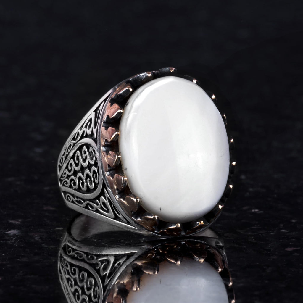 925 Sterling Silver Men's Ring - Handmade Elegance with Natural Pearl Stone — 3