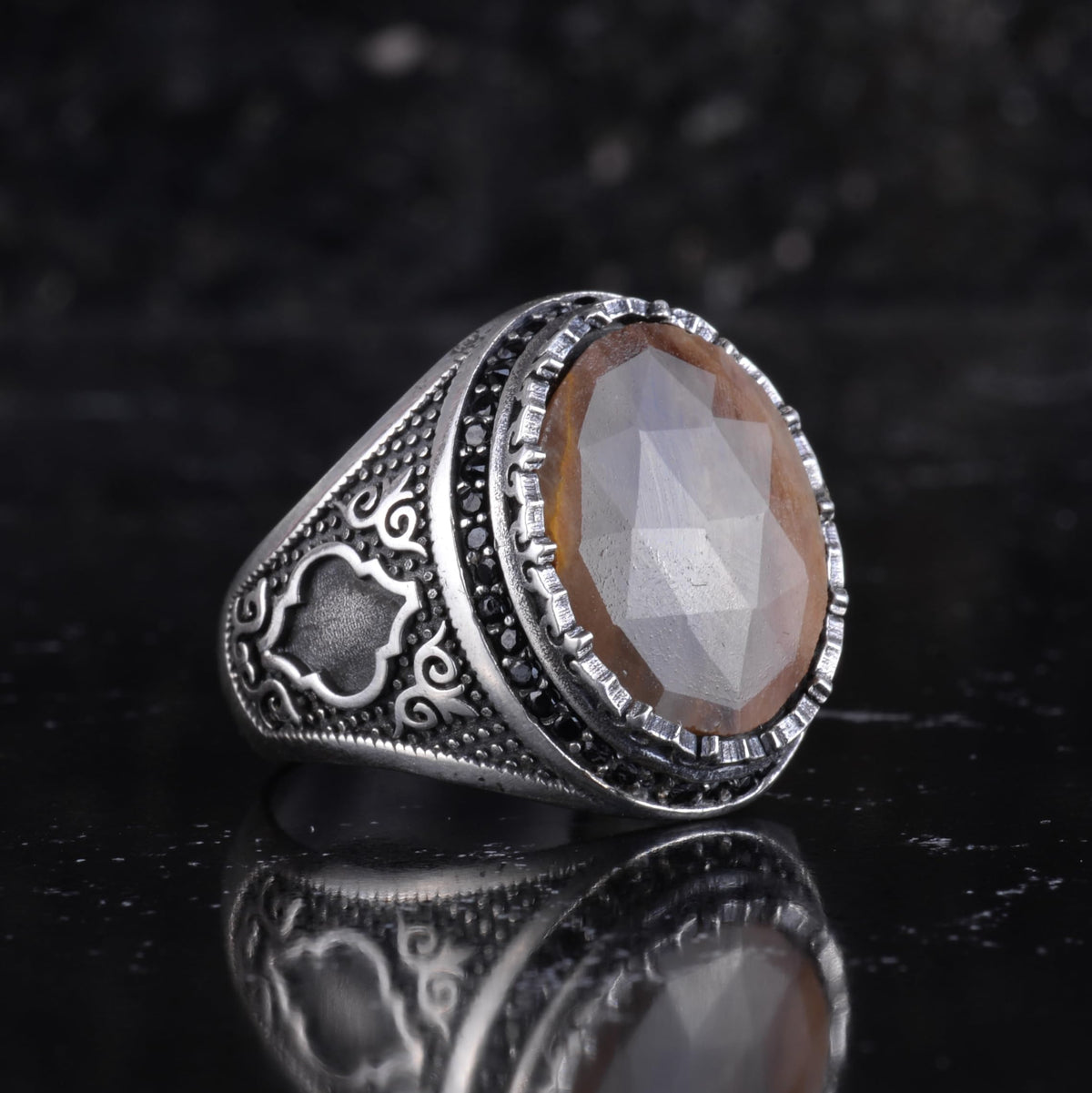 Natural Sapphire Stone Men's Ring 925 Sterling Silver Tooth Frame Black Stone Halo Handmade Statement Ring (Brown Sapphire-2) — 6