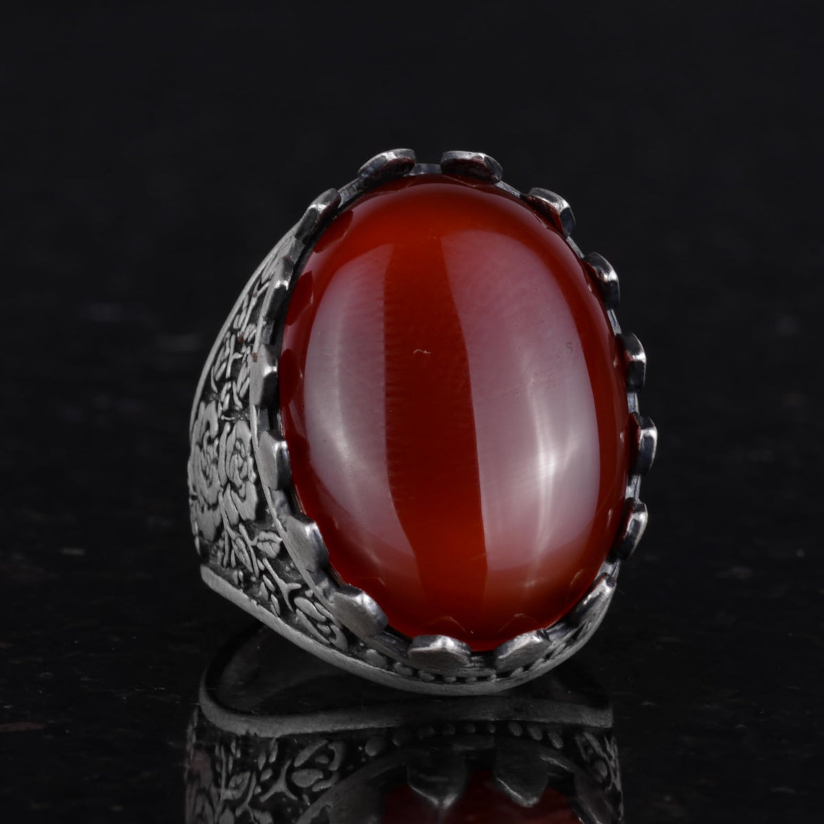 Natural Stone Ring - Rose Pattern - 925 Sterling Silver - Handmade Ring (Red Agate) — 5