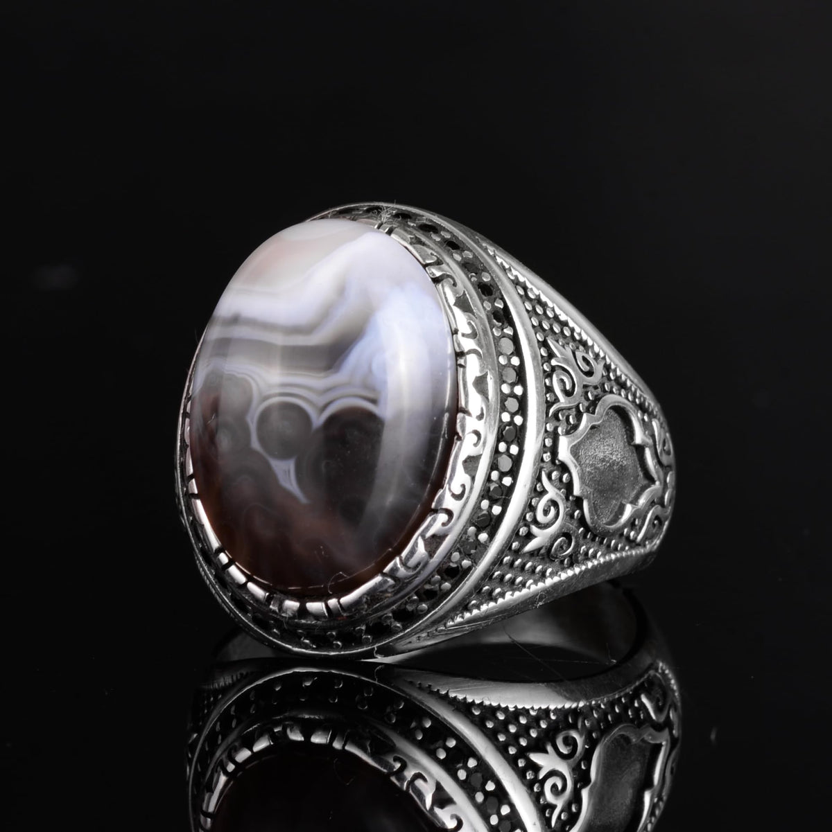 KAMBO Men's Natural Agate Stone Ring – 925 Sterling Silver Handmade Ottoman Star Motif Statement Ring – Islamic Heritage Jewelry (Style-2) — 5