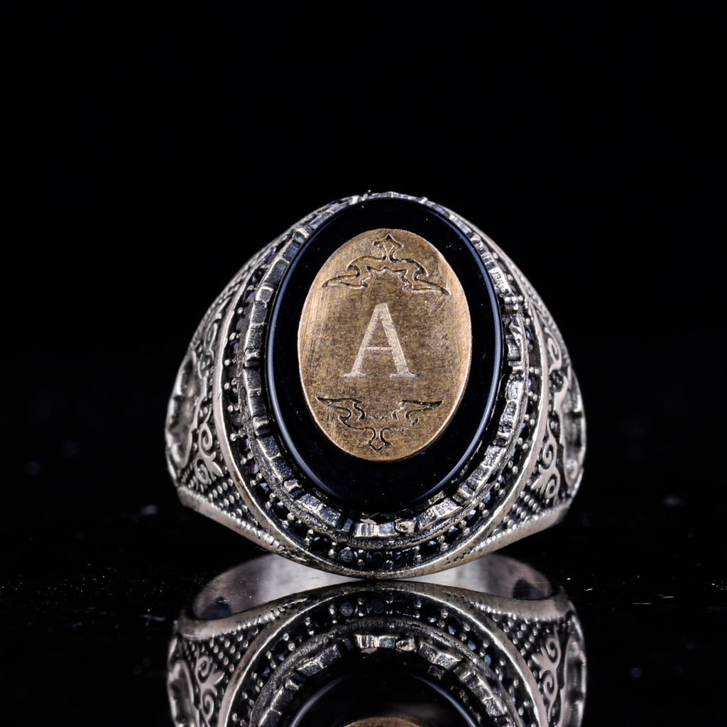 Customizable Monogram Onyx Stone Ring - 925 Sterling Silver — 6