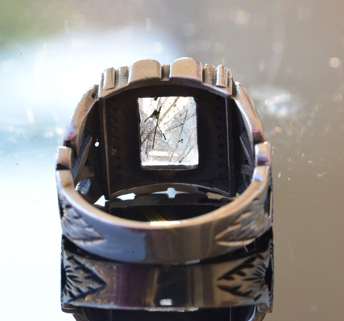 Rutilated Quartz Rectangular Stone Ring - Silver Men's Ring — 7